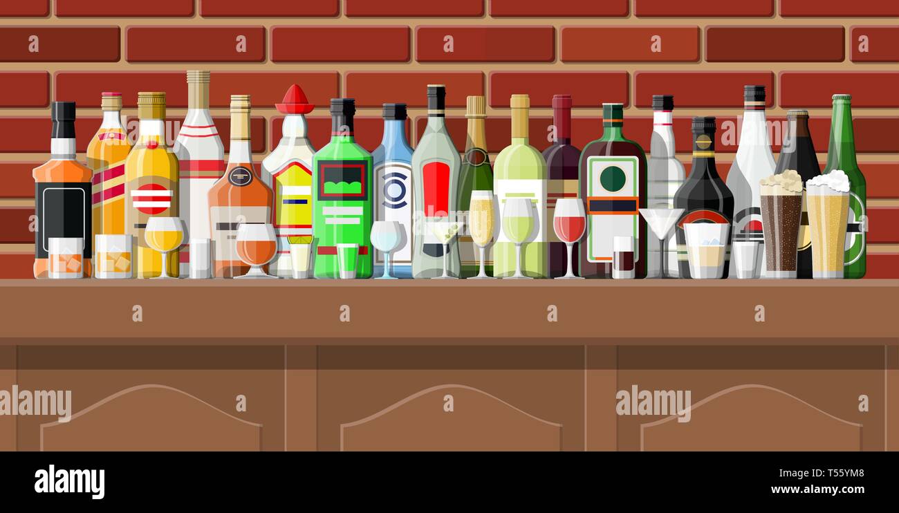 Trinken Haus. Innenraum der Pub, Cafe oder Bar. Counter Bar, Regale mit Alkohol Flaschen. Holz und Stein eingerichtet. Vector Illustration in Flat s Stock Vektor