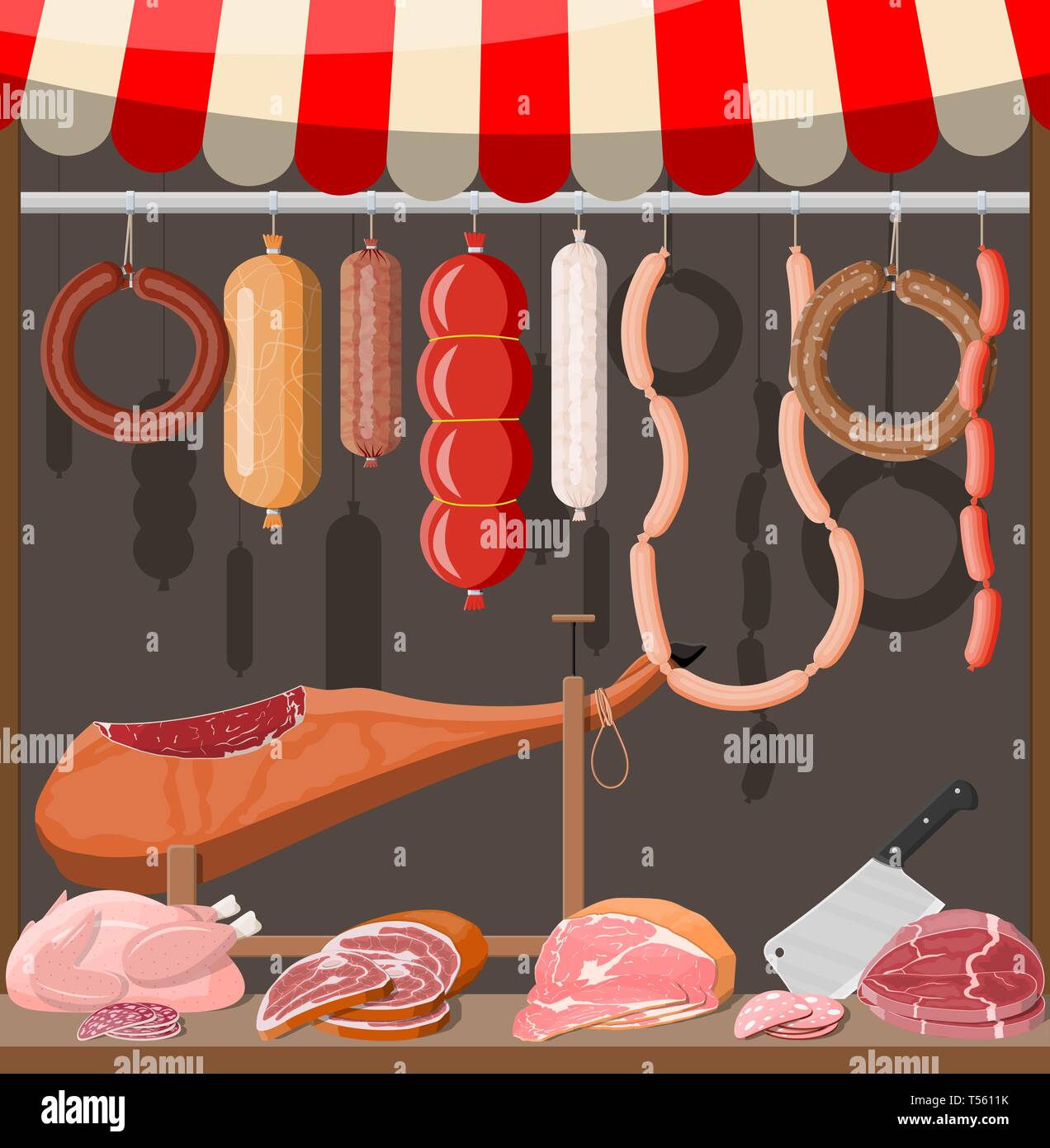 Fleisch Street Market. Fleisch lagern. Metzgerei oder Schaufenster. Wurstscheiben Produkt. Feinkost gastronomische Produkt von Rindfleisch Schweinefleisch Hühnerfleisch. Stock Vektor