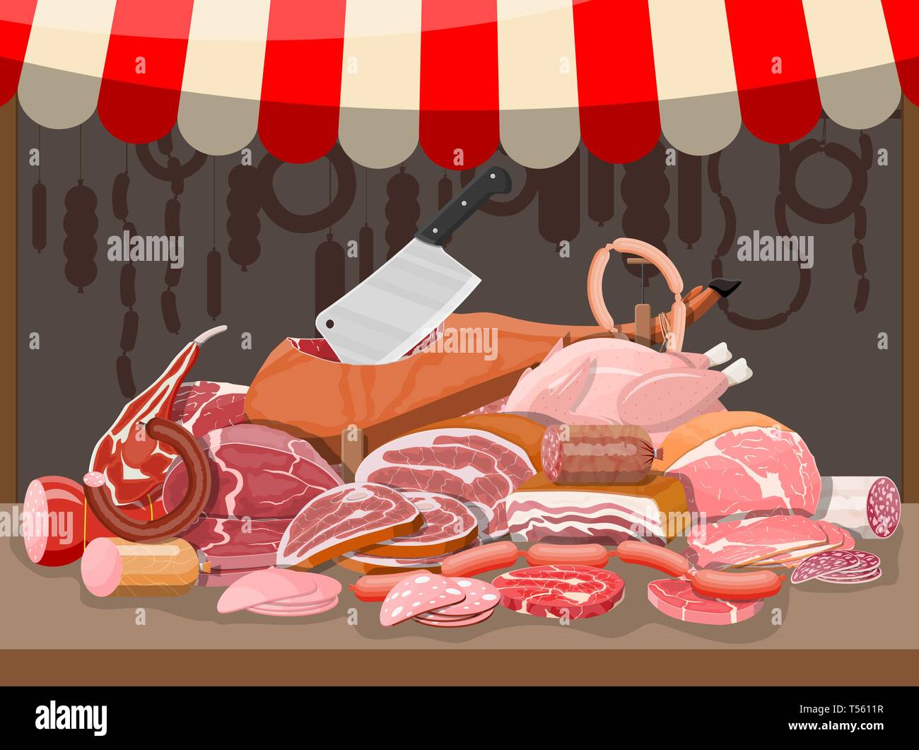 Fleisch Street Market. Fleisch lagern. Metzgerei oder Schaufenster. Wurstscheiben Produkt. Feinkost gastronomische Produkt von Rindfleisch Schweinefleisch Hühnerfleisch. Stock Vektor