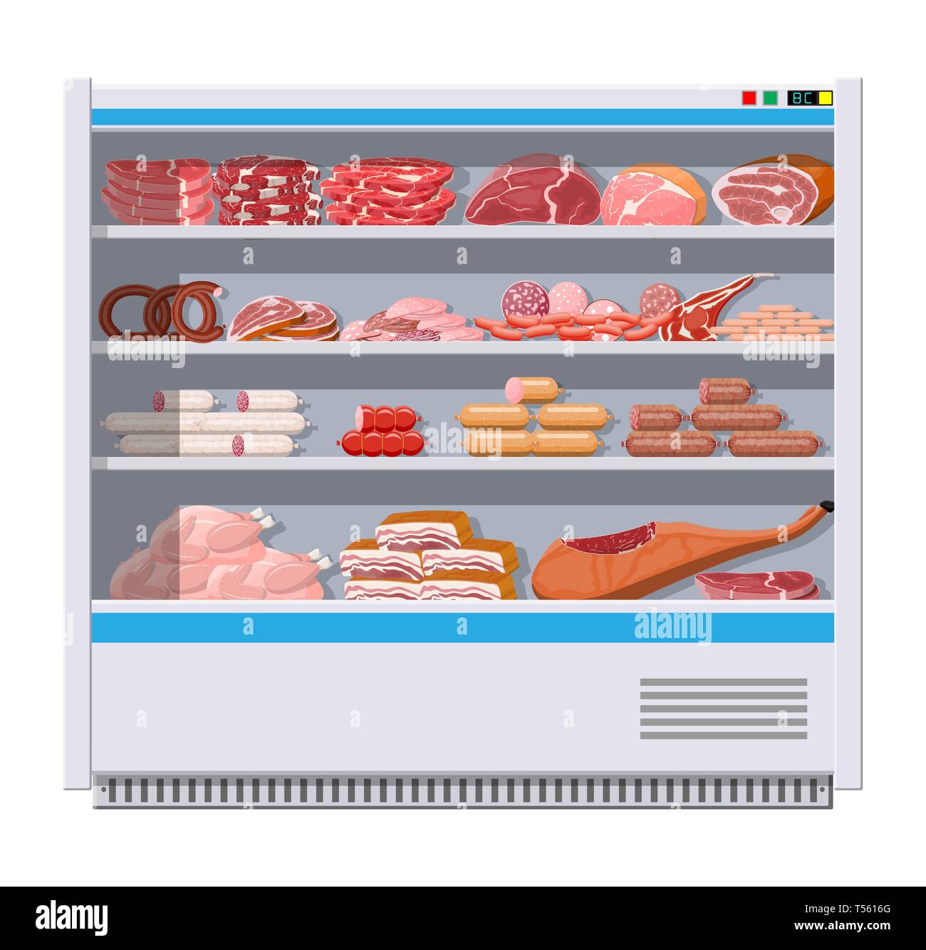 Fleischerzeugnisse im Supermarkt einen Kühlschrank. Fleisch speichern Metzgerei präsentieren. Wurstscheiben Produkt. Feinkost gastronomische Produkt von Rindfleisch Schweinefleisch c Stock Vektor