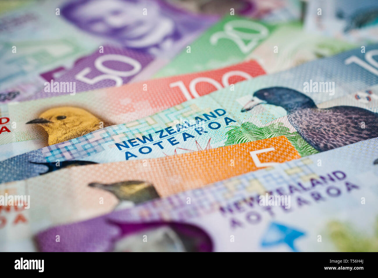 Stapel von Neuseeland Währung flach auf Tabelle Stockfoto