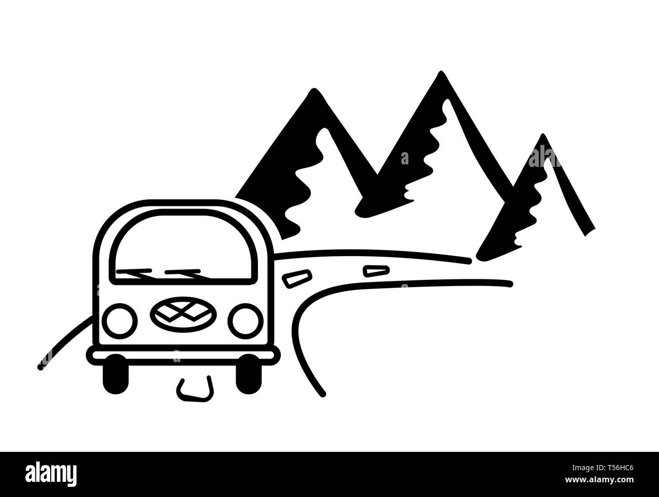 Bus, Straßen- und Berge. Stilisierte schwarze und weiße Konturen Abbildung. Vektor Konzept für Logo, t-shirt, Stempel. Karte drucken für Typografie. Aufkleber auf Stock Vektor