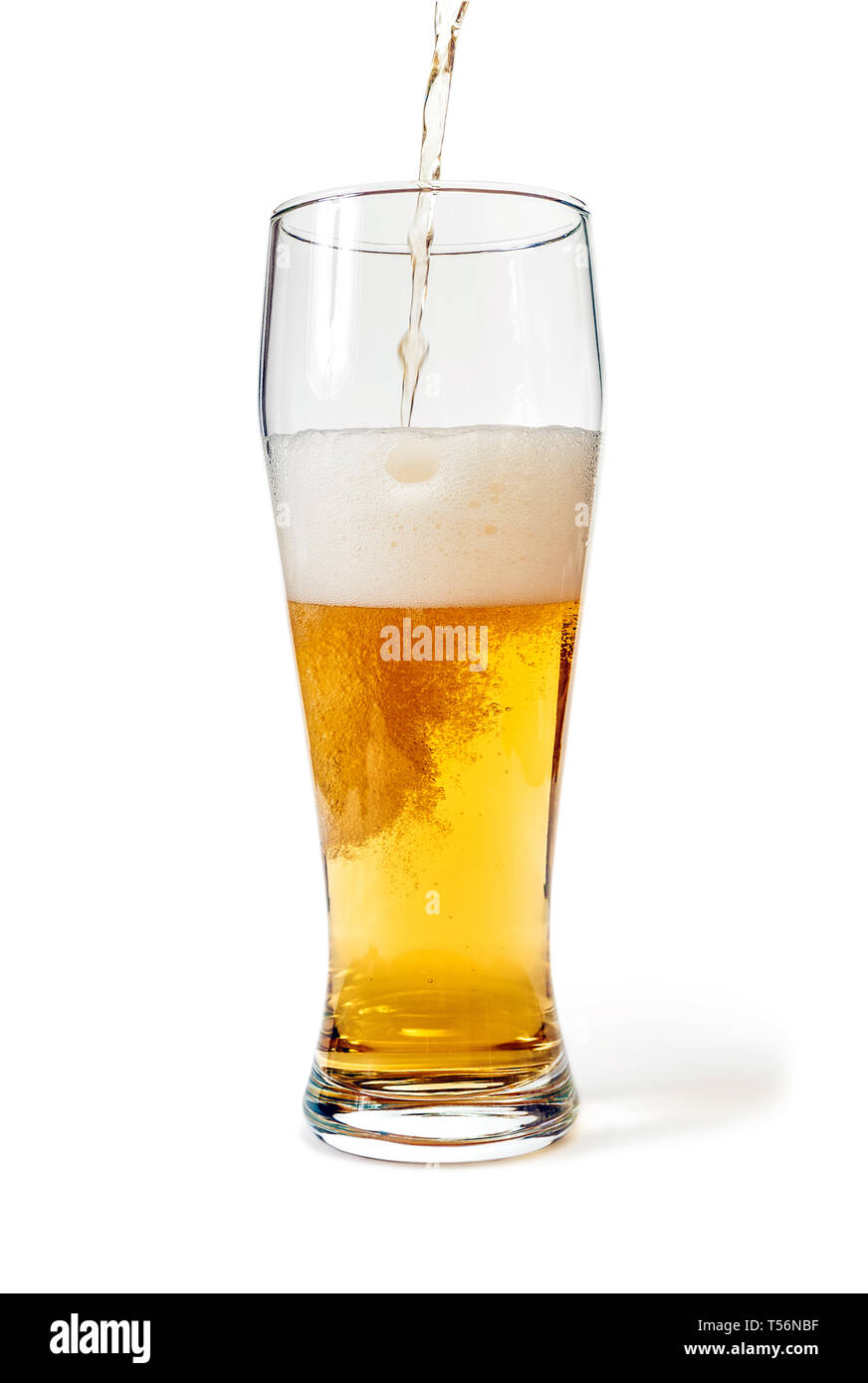 Pint Glas mit Bier mit Freistellungspfad isoliert gefüllt. Fokus auf Blasen Stockfoto