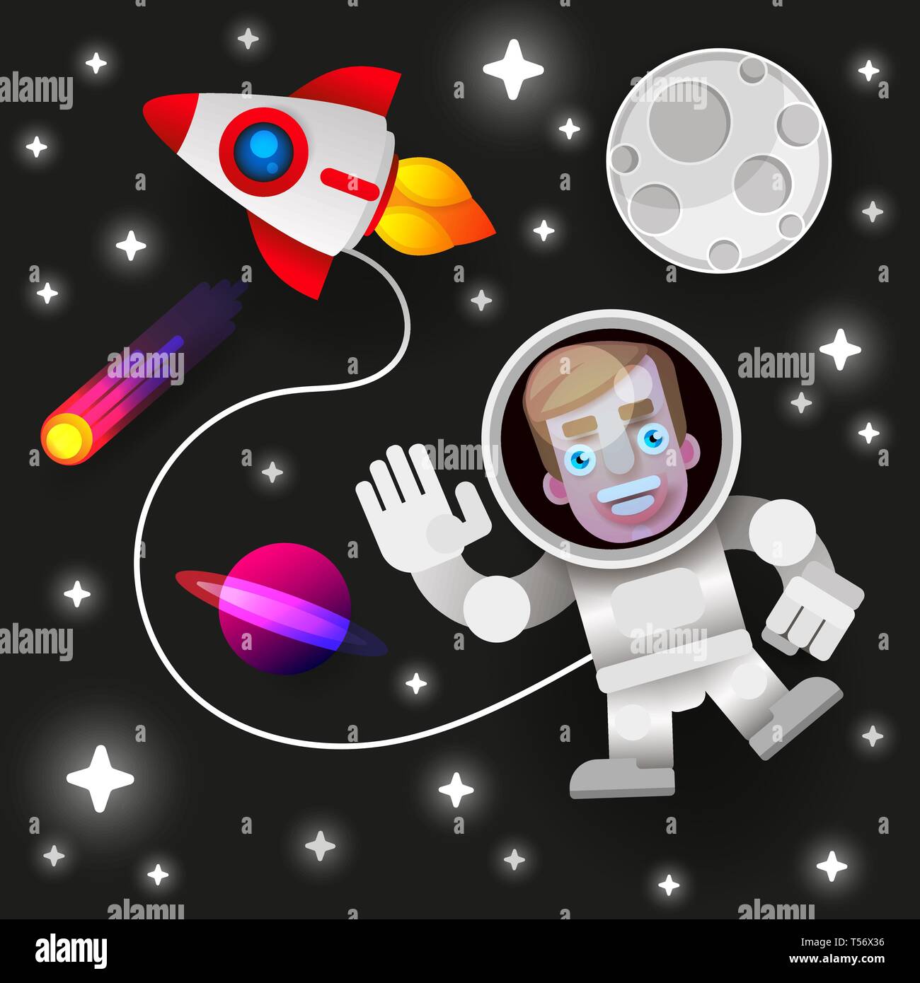 Astronaut Aufenthalt auf Planeten oder Mond und begrüßt uns. druckt Vector Illustration. Lustige Spaceman Stock Vektor