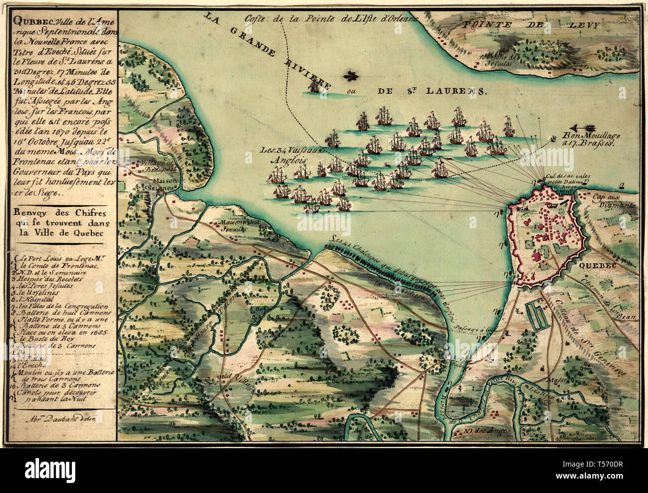 Zeigt die Belagerung der Stadt Quebec in 1670. Mit Norden nach links ausgerichtet. Stockfoto