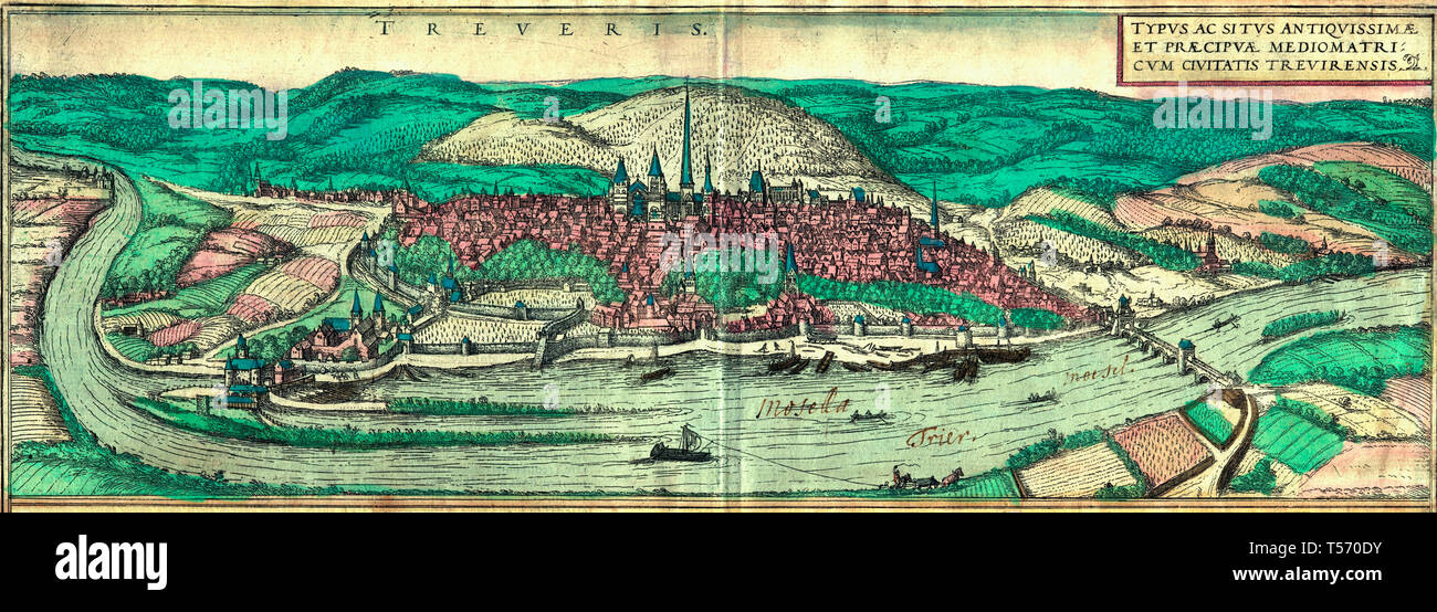 Historische Ansicht von Trier, Deutschland, von Georg Braun und Frans Hogenberg: Civitates Orbis Terrarum, Bd. 1, 1572. Stockfoto