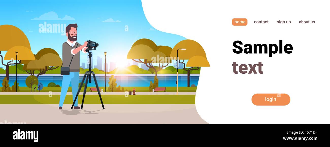 Man professioneller Fotograf der Foto Kerl mit DSLR-Kamera auf Stativ Stadt städtischen Park Landschaft Hintergrund horizontal in voller Länge kopieren Raum Stock Vektor
