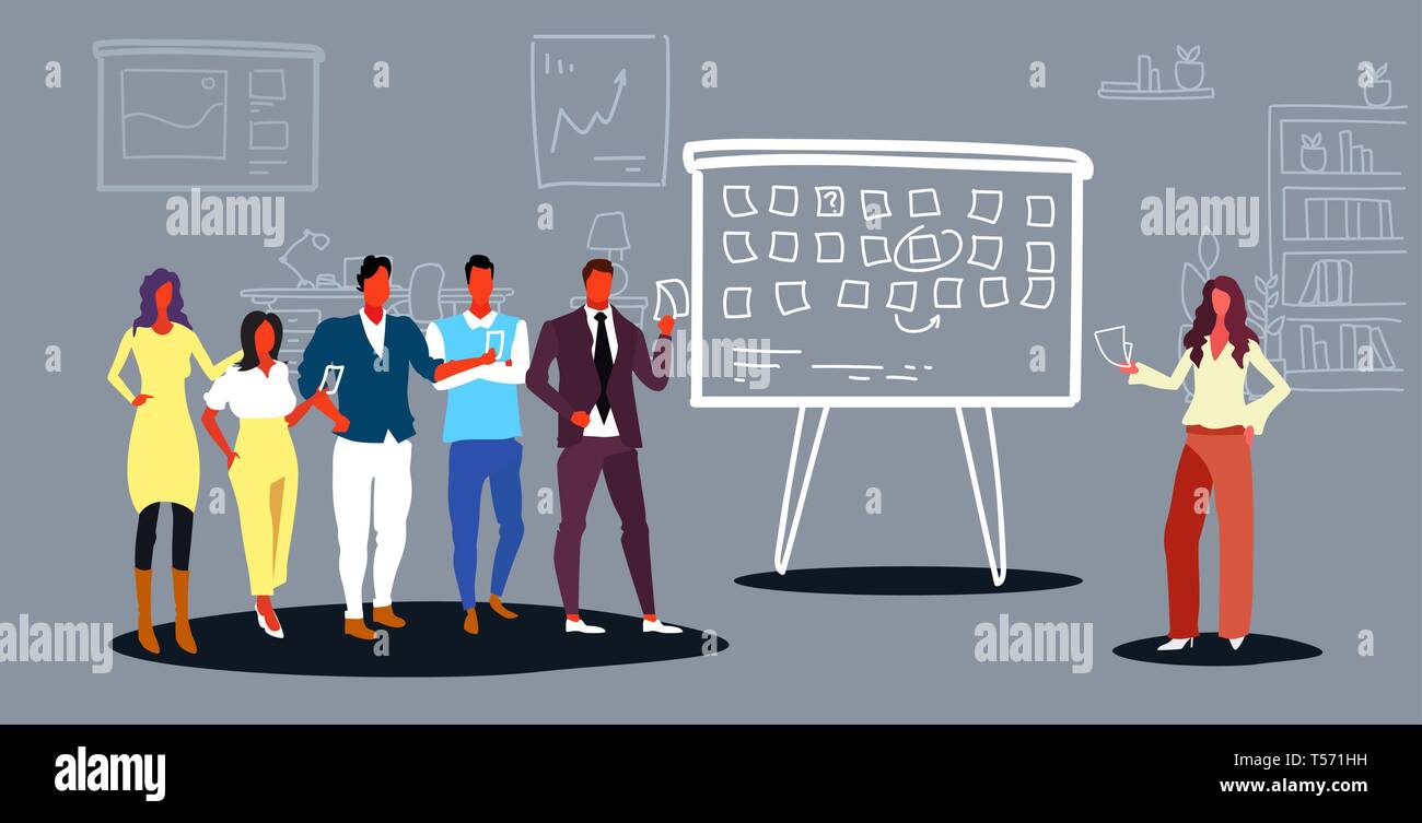 Geschäftsleute, die Planung der Arbeit Agenda Termine Task Board mit Haftnotizen Geschäftsleute planen von Veranstaltungen Teamarbeit Konzept Büro innen voll Stock Vektor