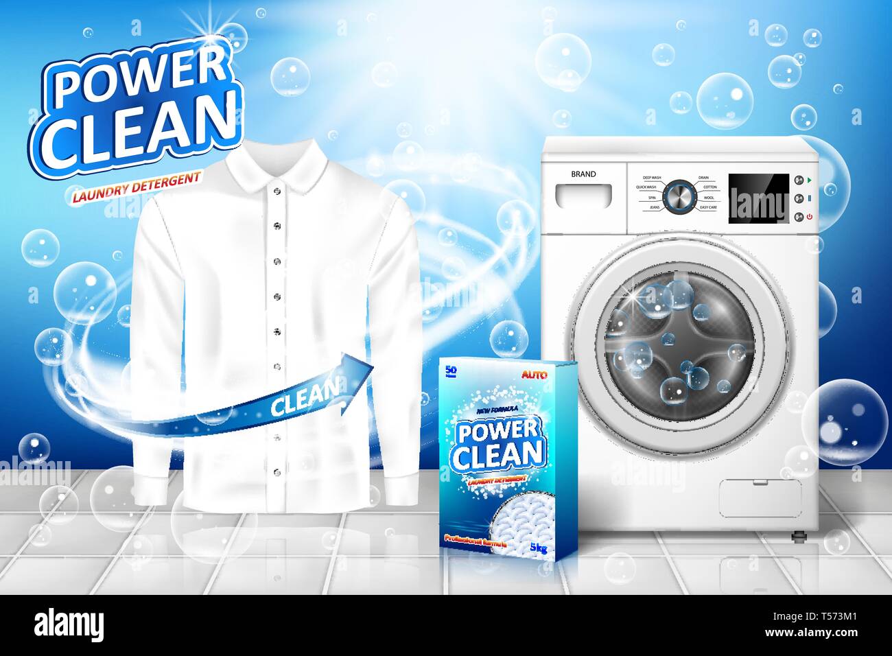 Waschmittel ad. Fleckenentferner Banner Design mit realistischen Waschmaschine und Waschmittel Paket mit sauberen weißen Shirt. Vektor Stock Vektor