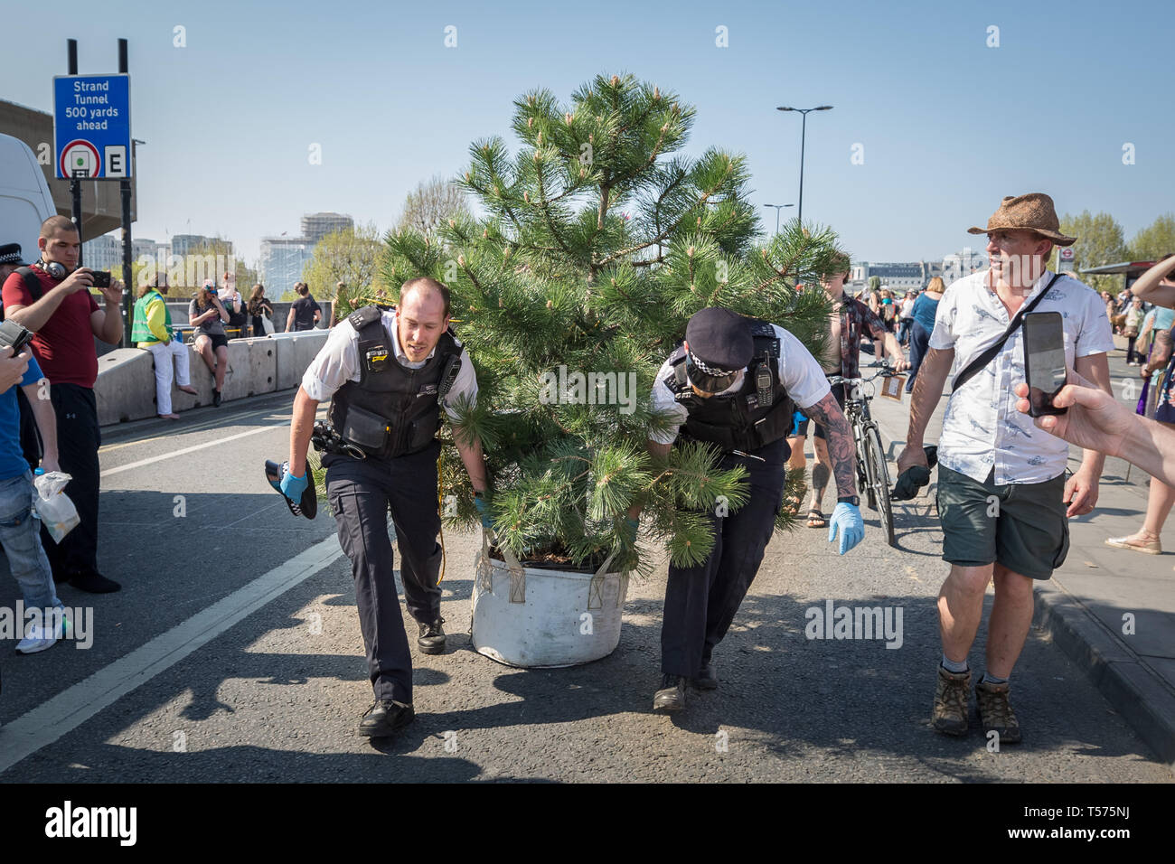 London, Großbritannien. 21. April 2019. Polizei zu brechen und klare Aussterben Rebellion Demonstranten Camp auf der Waterloo Bridge nehmen Pflanzen, Zelte und andere Lager Infrastruktur. Mehr als 1.000 Menschen haben sich während der sechs Tage der Klimawandel Protesten festgenommen worden. Hunderte von Polizisten aus anderen Kräfte haben in die Hauptstadt geschickt worden der Metropolitan Police zu helfen. Credit: Guy Corbishley/Alamy leben Nachrichten Stockfoto