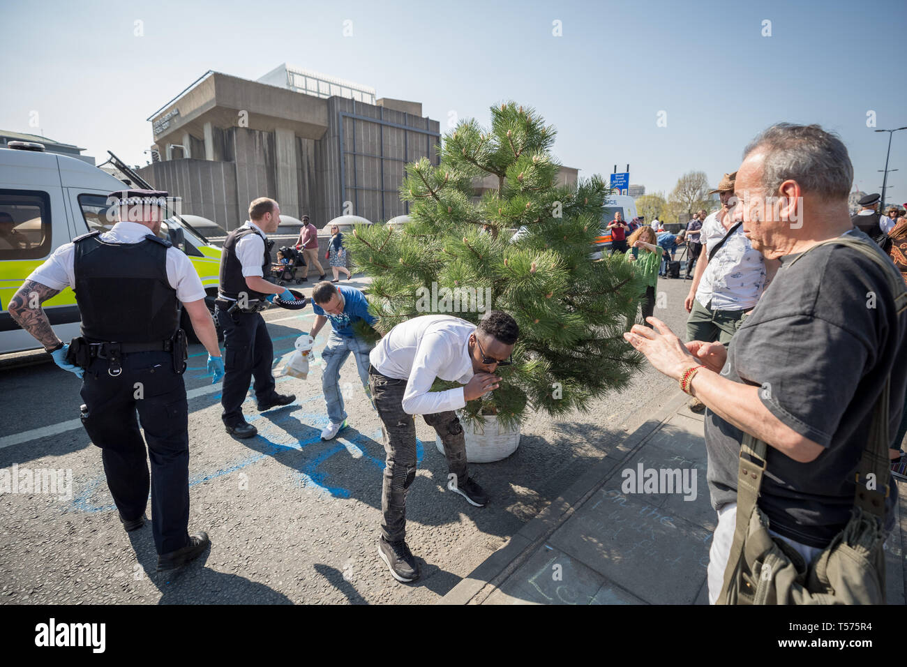 London, Großbritannien. 21. April 2019. Aussterben Rebellion Demonstranten besetzten freiwillig beginnen zu lassen, Waterloo Bridge nehmen Pflanzen, Zelte und andere Lager Infrastruktur. Mehr als 1.000 Menschen haben, die von der Polizei während der sechs Tage der Klimawandel Proteste festgenommen. Hunderte von Polizisten aus anderen Kräfte haben in die Hauptstadt geschickt worden der Metropolitan Police zu helfen. Credit: Guy Corbishley/Alamy leben Nachrichten Stockfoto