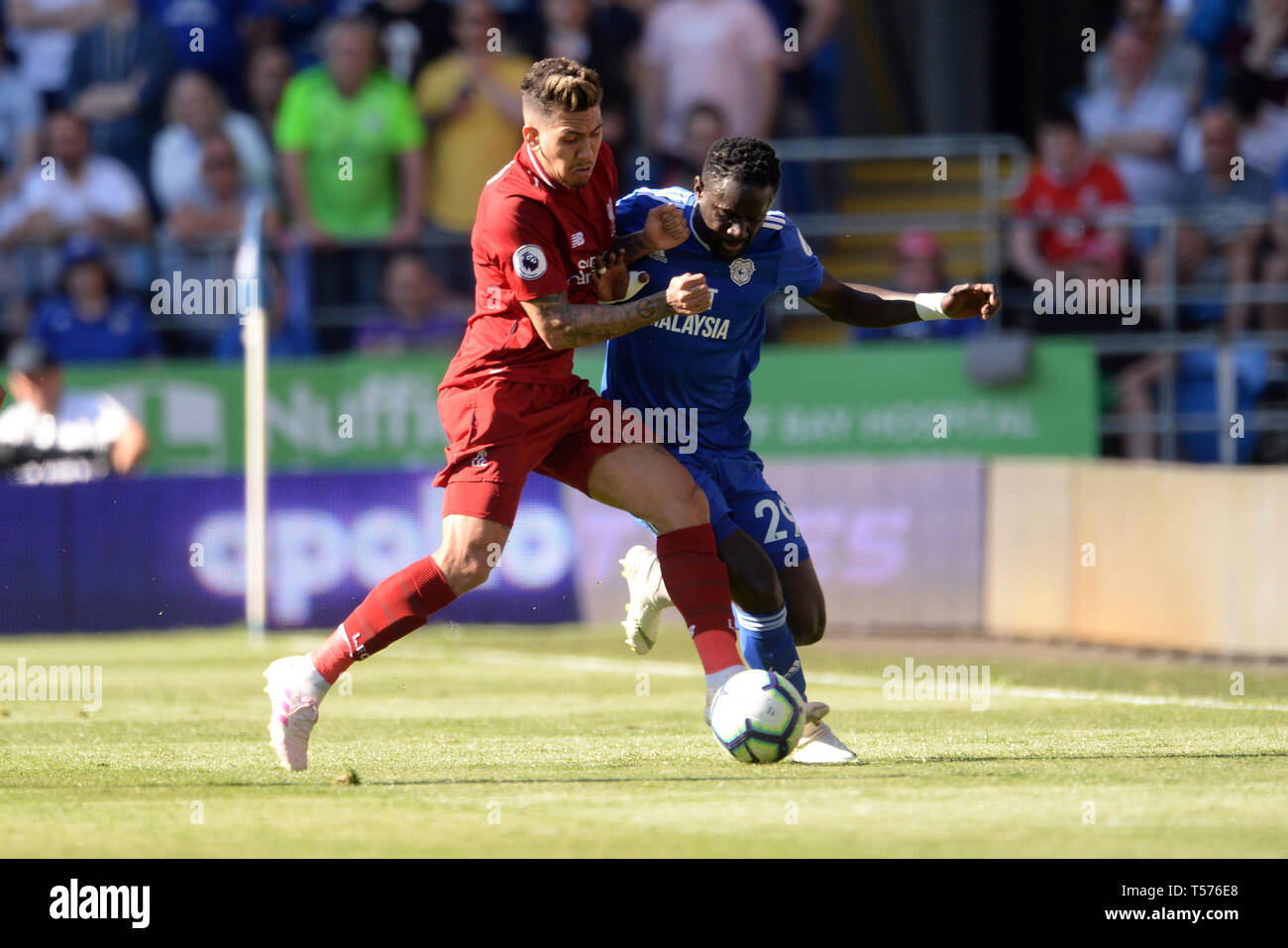 Cardiff, Wales, UK. 21 Apr, 2019. Roberto Firmino und Liverpool Oumar Niasse von Cardiff City Schlacht. (Credit: Jeff Thomas | MI Nachrichten) nur die redaktionelle Nutzung, eine Lizenz für die gewerbliche Nutzung erforderlich. Keine Verwendung in Wetten, Spiele oder einer einzelnen Verein/Liga/player Publikationen. Möglicherweise nicht für Publikationen, bei denen 1 Spieler, 1 Club oder 1 Wettbewerb ohne schriftliche Genehmigung von Fußball-Daten Quelle: MI Nachrichten & Sport/Alamy Live News Credit: MI Nachrichten & Sport/Alamy Live-Nachrichten verwendet werden. Stockfoto