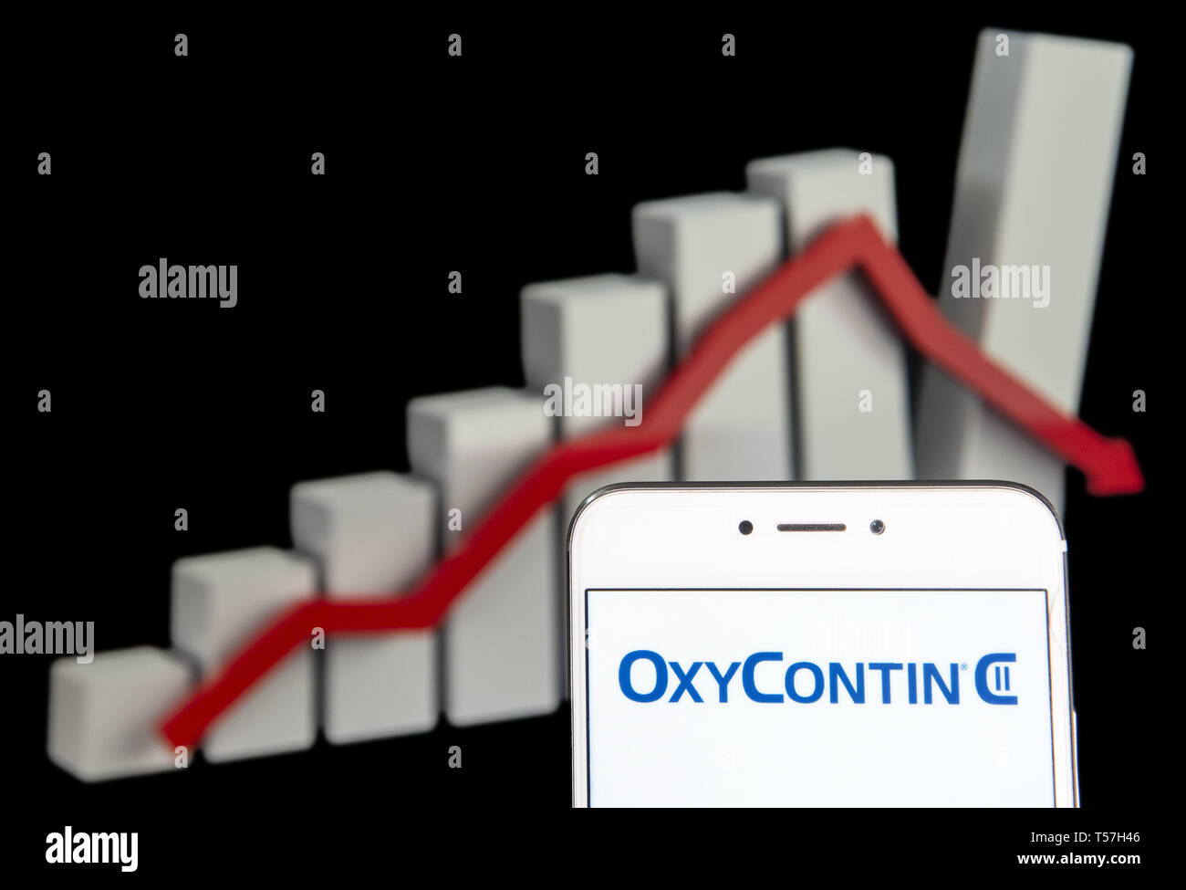 Hong Kong. 20 Apr, 2019. In diesem Foto Illustration ein Schmerzstillendes Medikament durch pharmazeutische Unternehmen durch die sackler Familienbesitz produziert und glaubte, dass die Schuld für opioid Krise der Unisted States', Purdue Pharma, Logo ist auf ein Android mobile Gerät mit einer Grafik mit starken Verlusten im Hintergrund zu sehen. Credit: Budrul Chukrut/SOPA Images/ZUMA Draht/Alamy leben Nachrichten Stockfoto