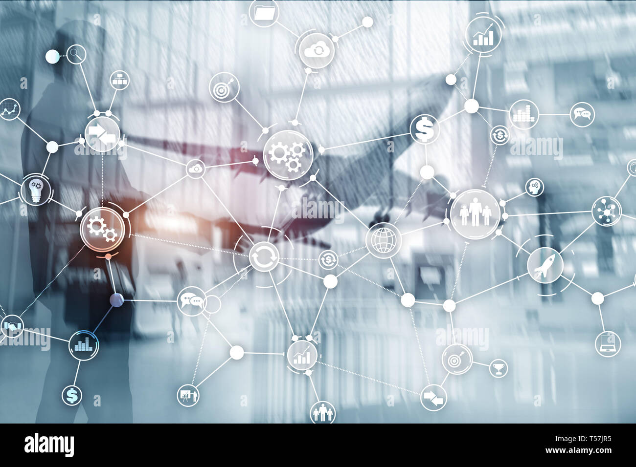 Business Process Workflow Diagramm Struktur Industrielle Automation innovation Konzept auf virtuellen Bildschirm mixed Media Stockfoto