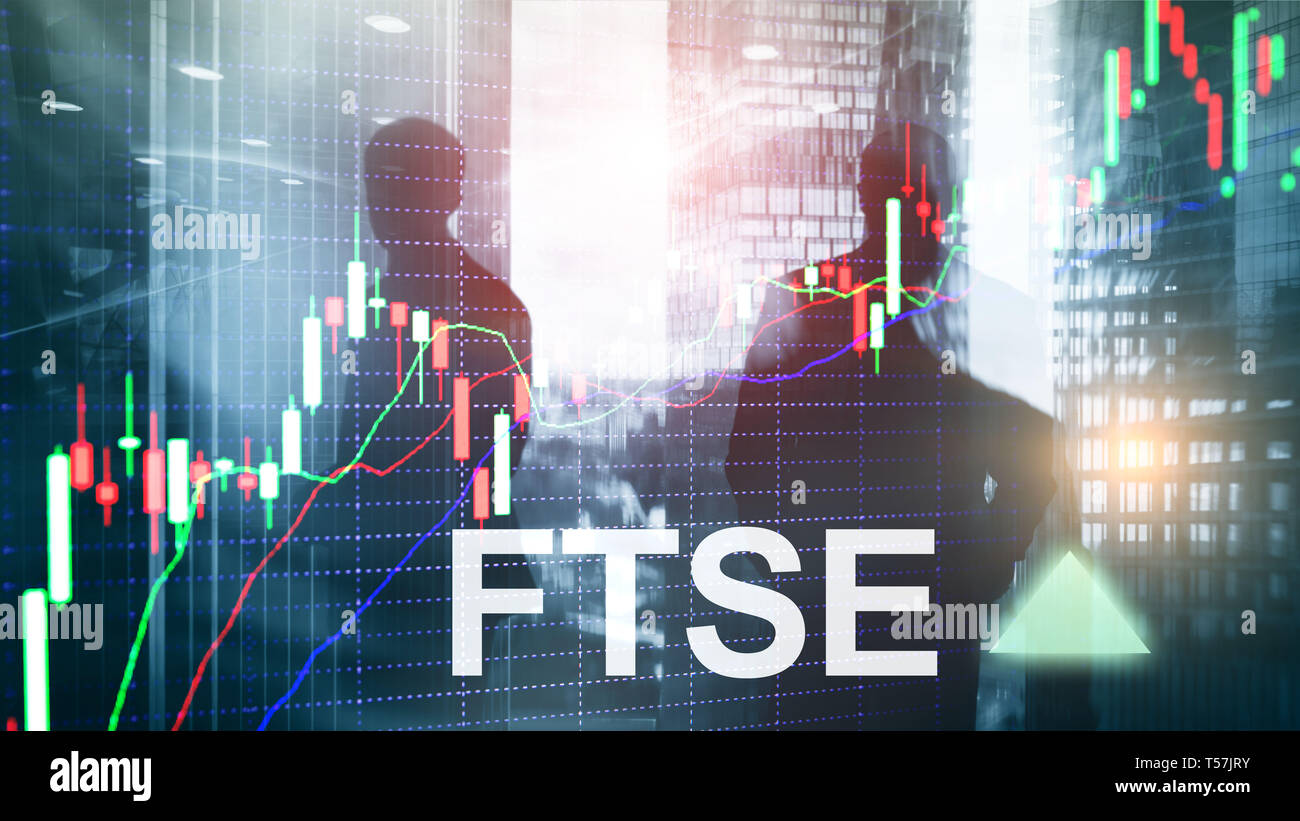 FTSE 100 Financial Times Stock Exchange Index Vereinigtes Königreich Großbritannien England Investitionen Handel Konzept mit Tabelle und Grafiken. Stockfoto