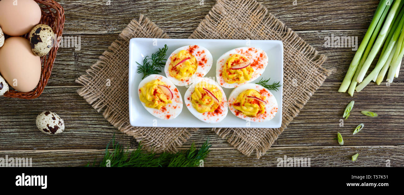 Russische Eier. Köstliche Vorspeise. Gekochte Eier gefüllt mit Eigelb, Senf, Mayonnaise, Paprika. Klassisches Rezept. Die Ansicht von oben. Banner Stockfoto