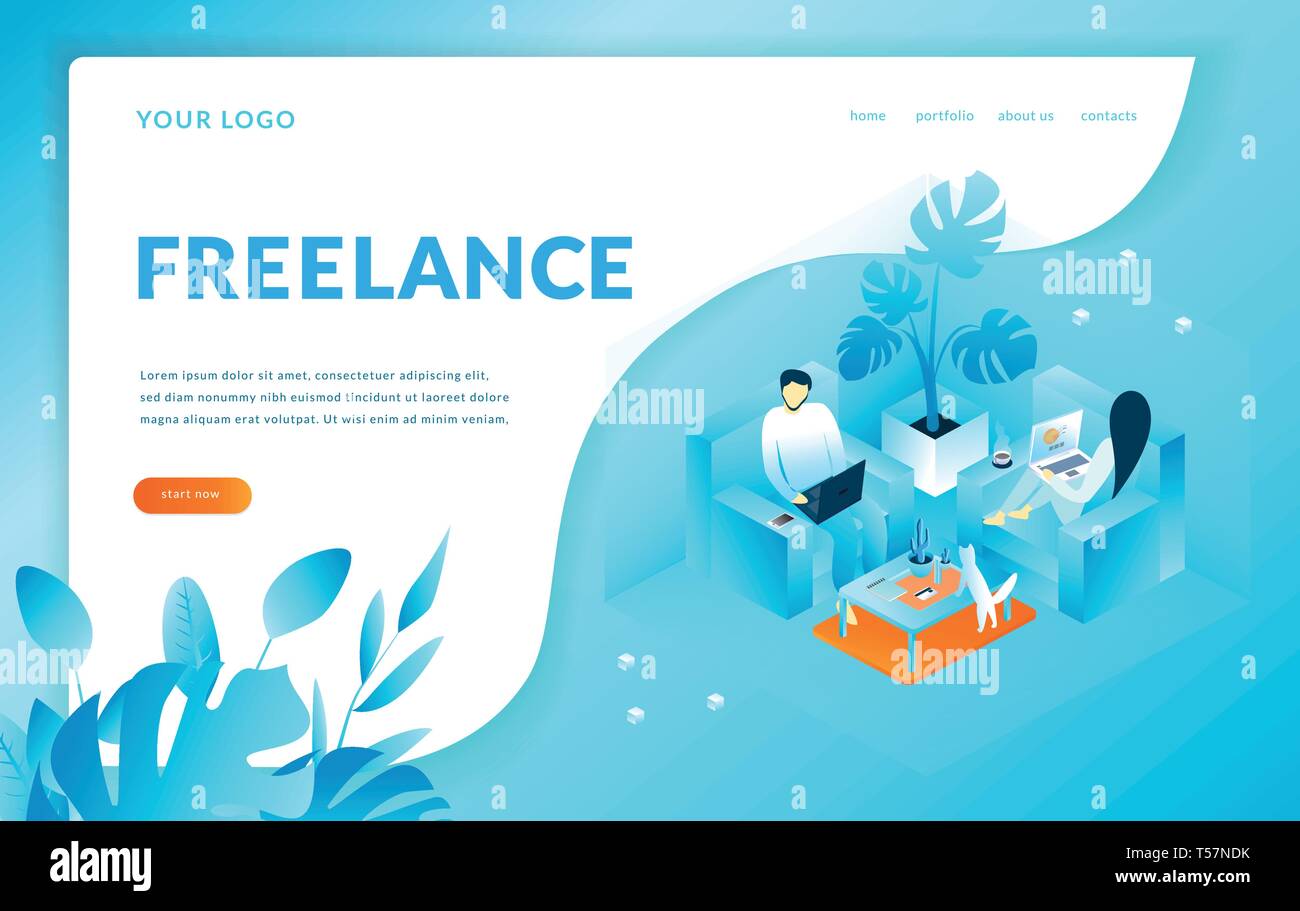 Der Mann und die Frau sitzt auf dem Sessel arbeitet mit Computer, Freier. Moderne Vorlage für Landing-Page. Isometrische Vector Illustration Stock Vektor