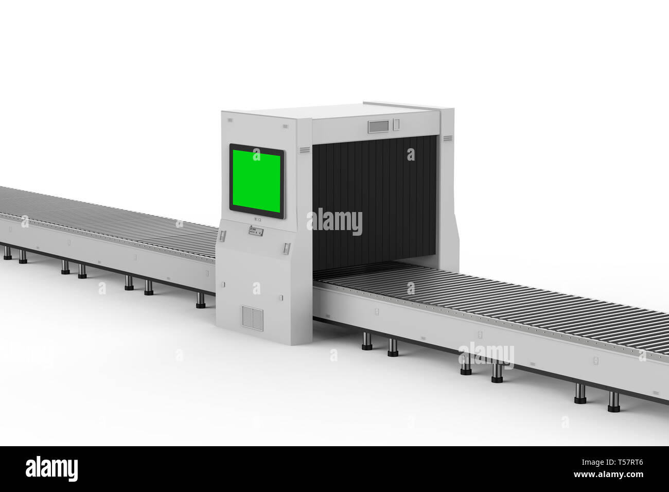 3D-Scanner Maschine mit leeren Monitor und Transportband Stockfoto