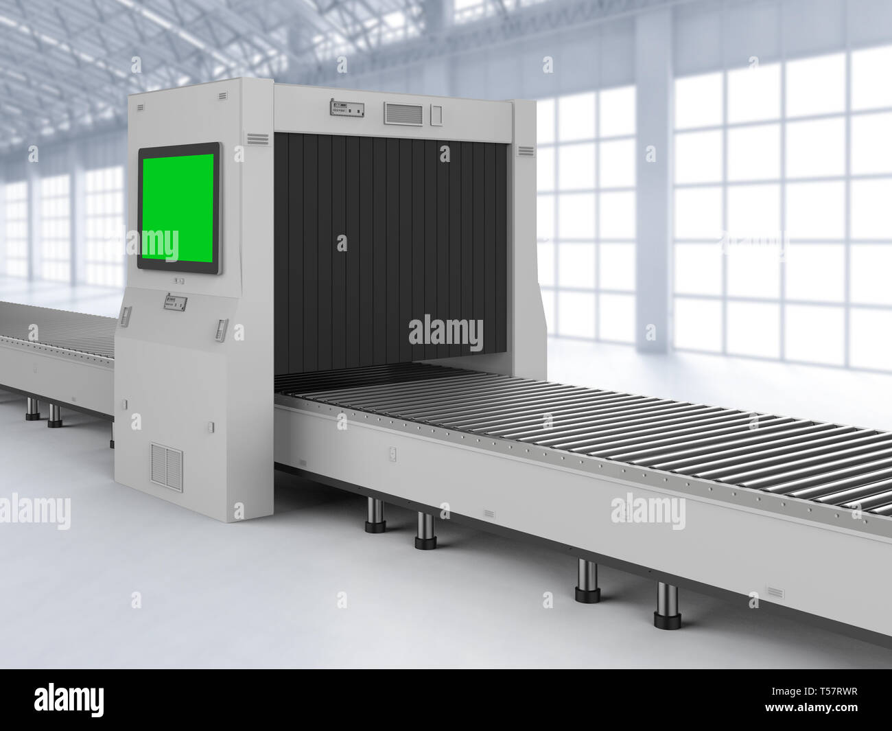 3D-Scanner Maschine mit leeren Monitor und Transportband Stockfoto