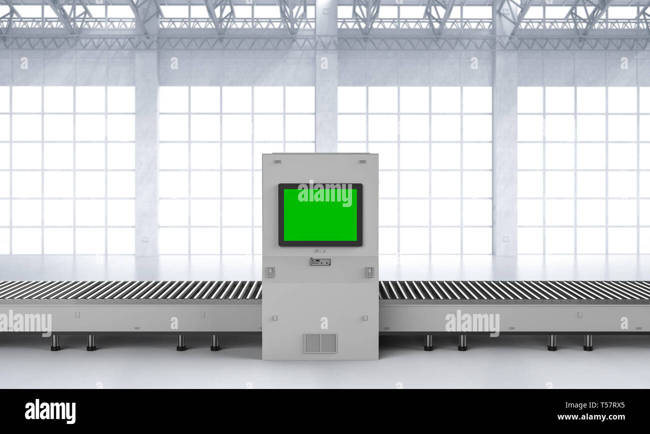 3D-Scanner Maschine mit leeren Monitor und Transportband Stockfoto