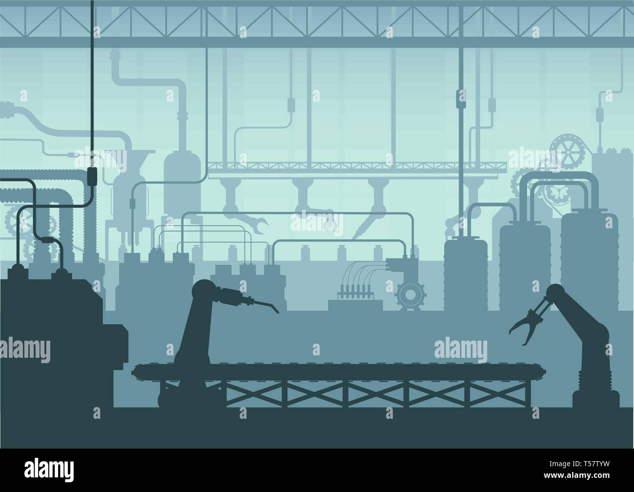 Silhouette factory Interieur mit Maschine und Förderband flache Design Vector Illustration Stock Vektor