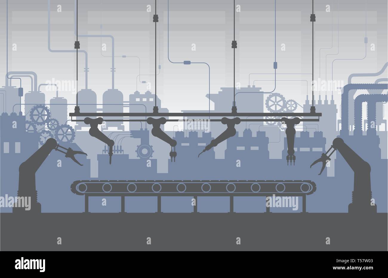 Silhouette factory Interieur mit Maschine und Förderband flache Design Vector Illustration Stock Vektor