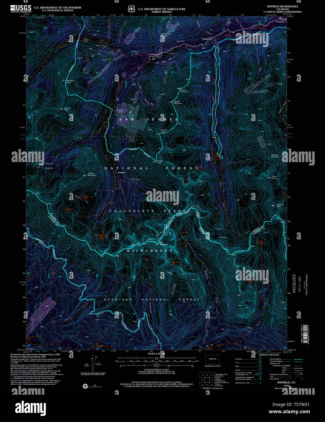 USGS TOPO Karte Colorado CO Winfield 234950 1994 24000 invertiert Wiederherstellung Stockfoto