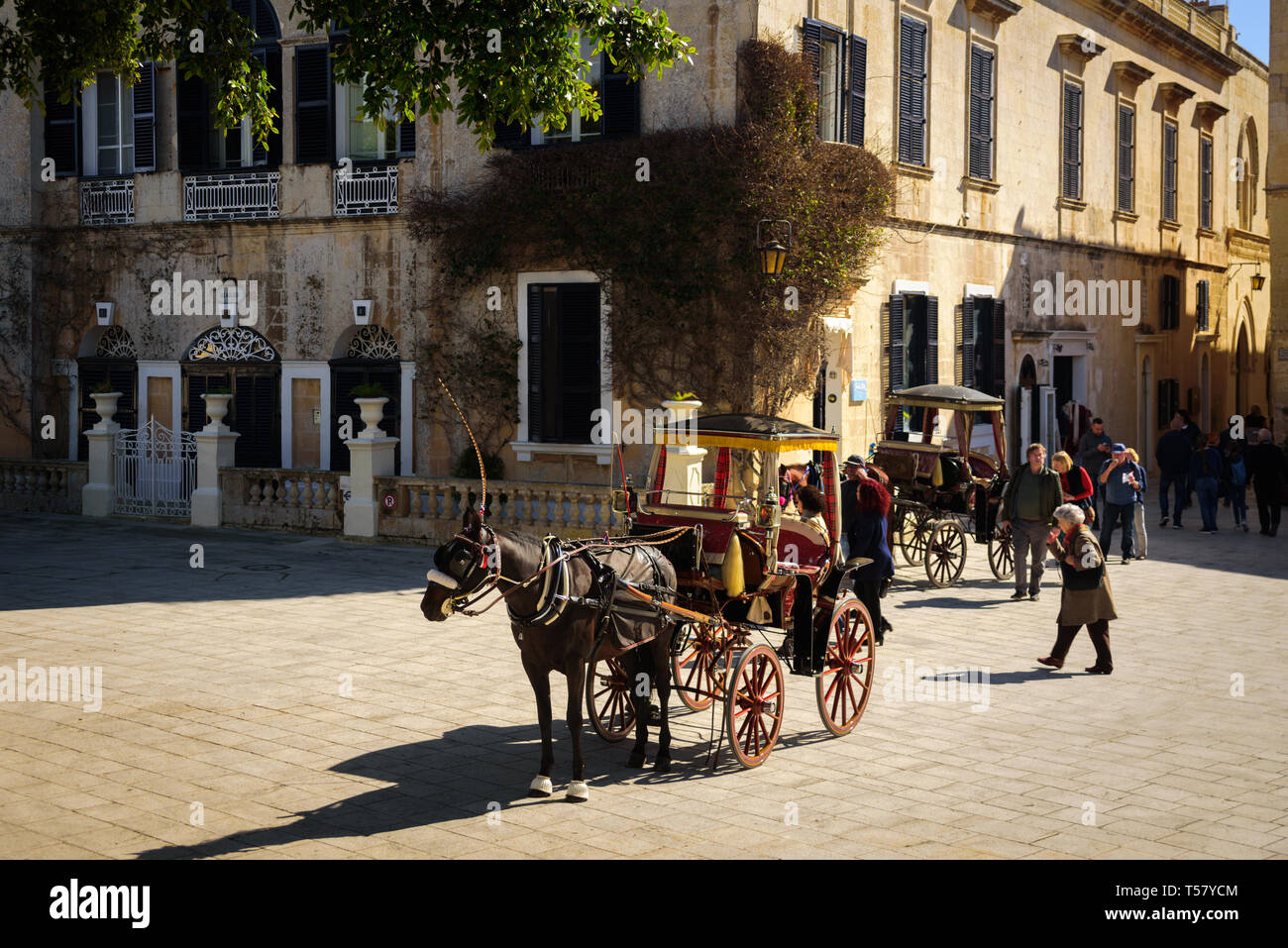Mdina, Malta - 15. Februar 2019: Traditionelle Pferdekutschen auf Bastion Square Stockfoto
