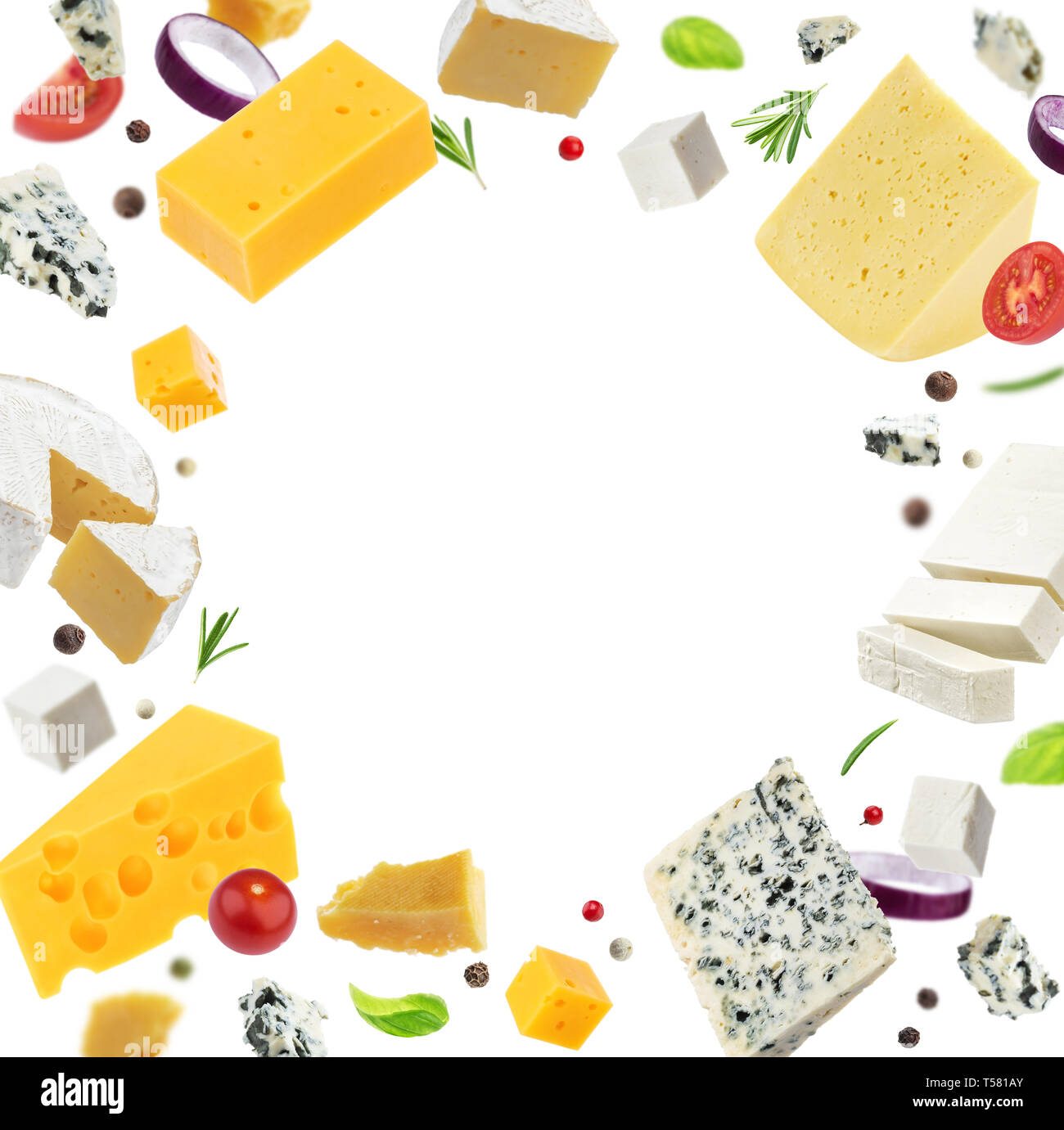 Käse Rahmen auf weißem Hintergrund, verschiedene Sorten Käse Stockfoto