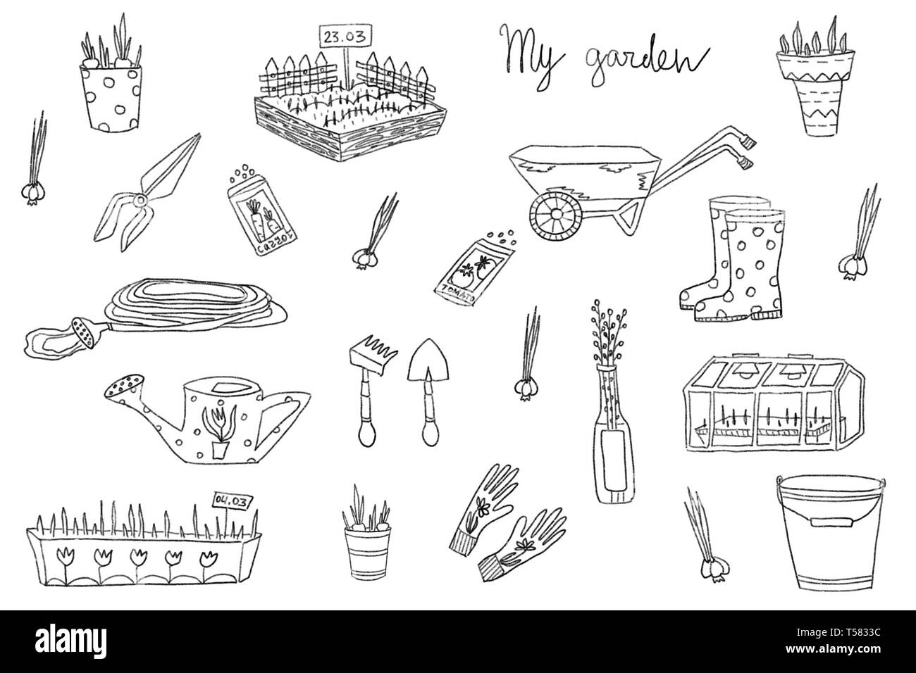 Garten- und Gartengeräte. Skizze Abbildung: schwarz auf weißem Hintergrund. Stockfoto
