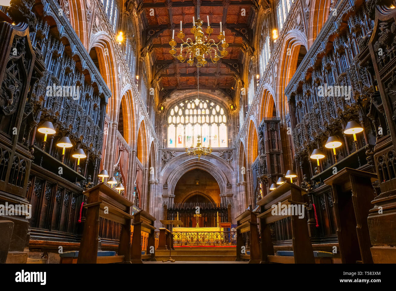 Manchester, Großbritannien - 18 Mai 2018: die Kathedrale von Manchester ist die Mutterkirche der anglikanischen Diözese von Manchester, Sitz des Bischofs von Manchester und Th Stockfoto