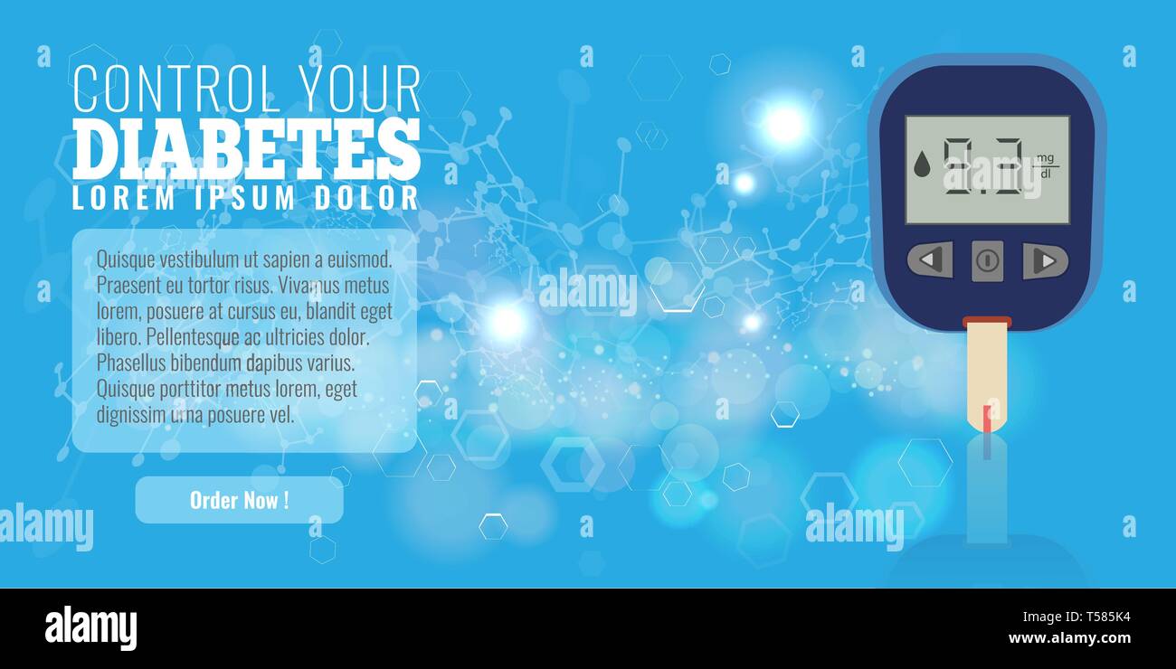 Webbanner oder Poster für Blutzuckermessgerät. Diabetes-Tester mit dna- oder Partikeleffekt-Hintergrund. Vektorgrafik. Stock Vektor