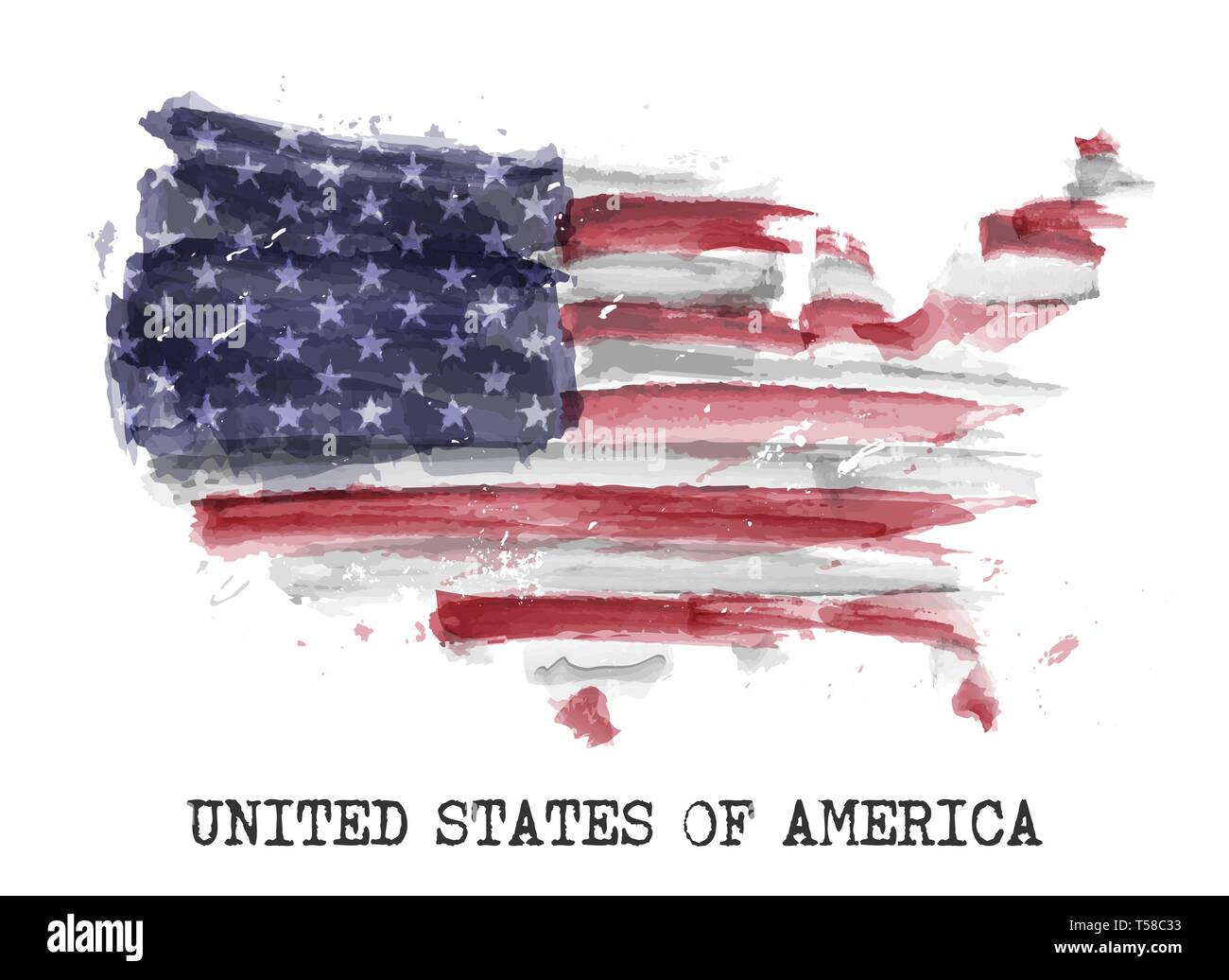 Amerika Flagge Aquarell Malerei Design. Land Karte gestalten. Tag der Unabhängigkeit Konzept (4. Juli 1776). Vektor. Stock Vektor