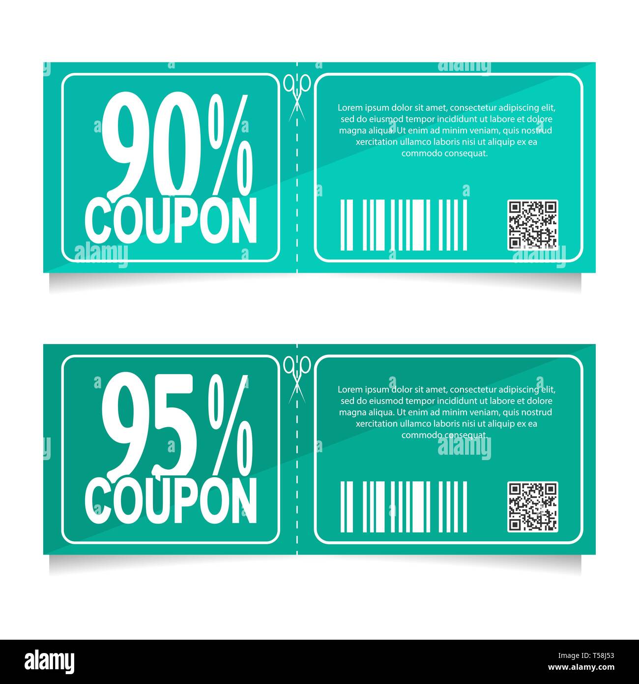 Design einen Coupon für einen Rabatt von 90 und 95 Prozent. Verkauf Symbol, Shopping Konzept Stock Vektor