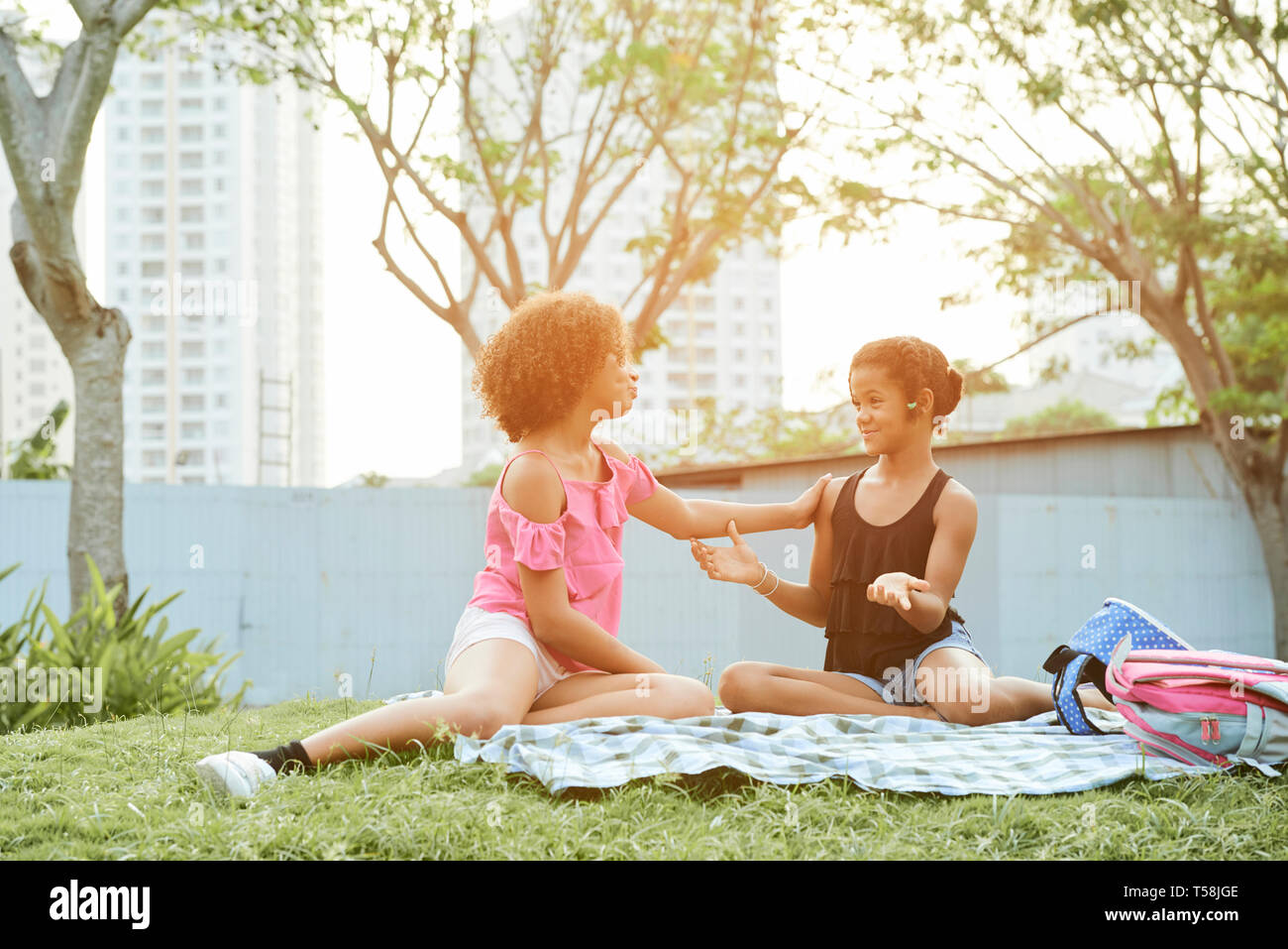 Recht jugendlich Mädchen Chatten im Picnic Stockfoto