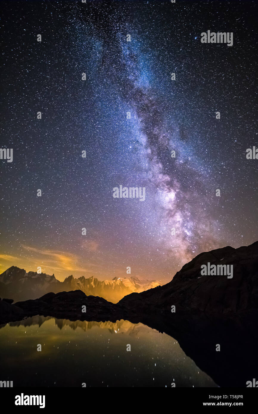 Milchstrasse Und Sternenhimmel Uber Iconic Schneebedeckten Mont Blanc Gipfel Spiegeln In Hohe See Lac Blanc Stockfotografie Alamy