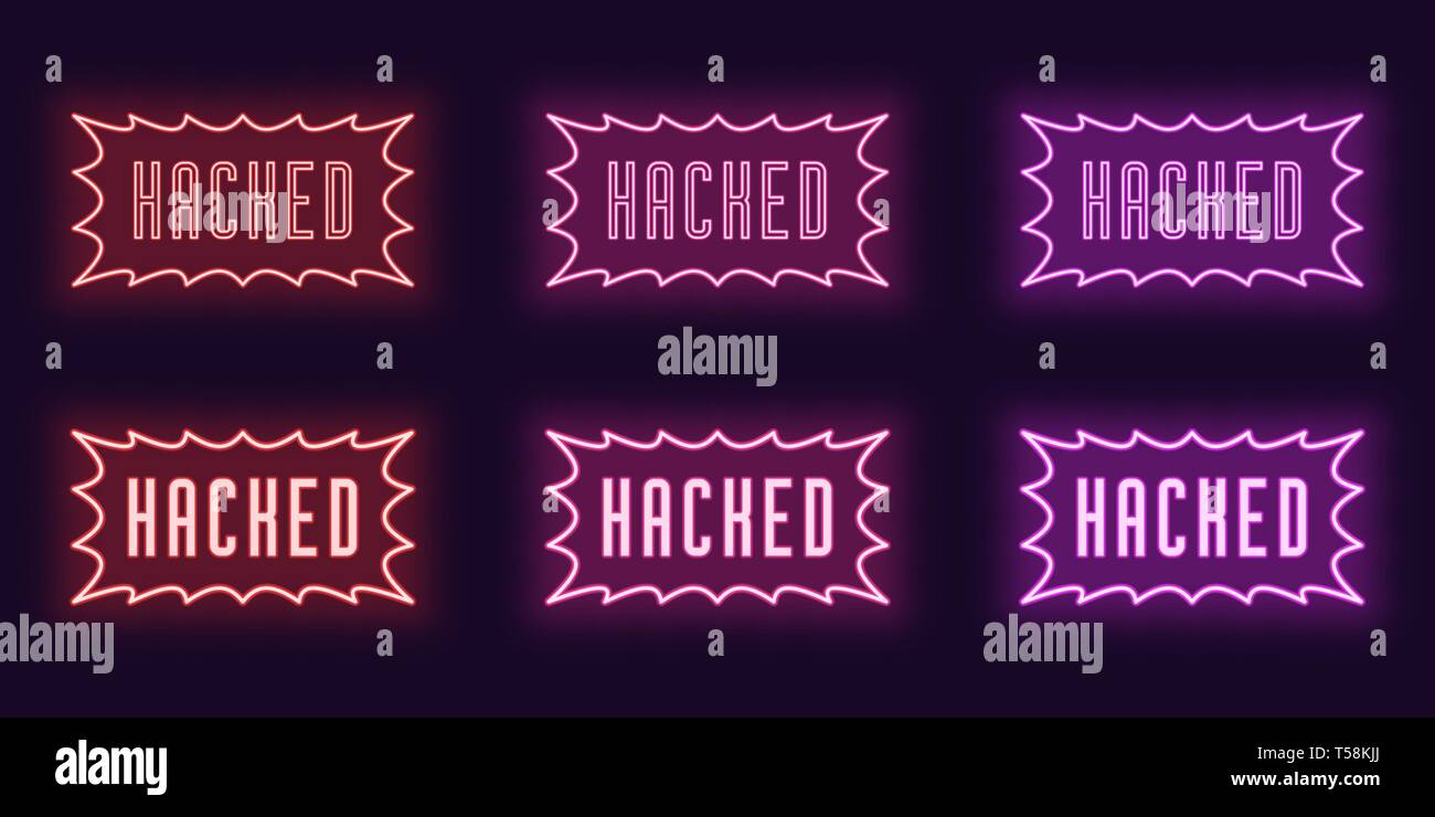 Neon Icon Set von Stempel gehackt. Vector Illustration von leuchtenden Neon Text mit Rahmen Rahmen gehackt. Galvanisch getrennte digitale Sammlung von Zeichen, Symbolen und La Stock Vektor
