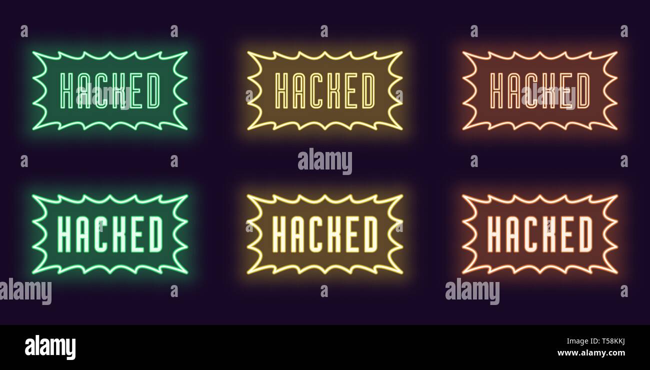 Neon Icon Set von Stempel gehackt. Vector Illustration von leuchtenden Neon Text mit Rahmen Rahmen gehackt. Galvanisch getrennte digitale Sammlung von Zeichen, Symbolen und La Stock Vektor