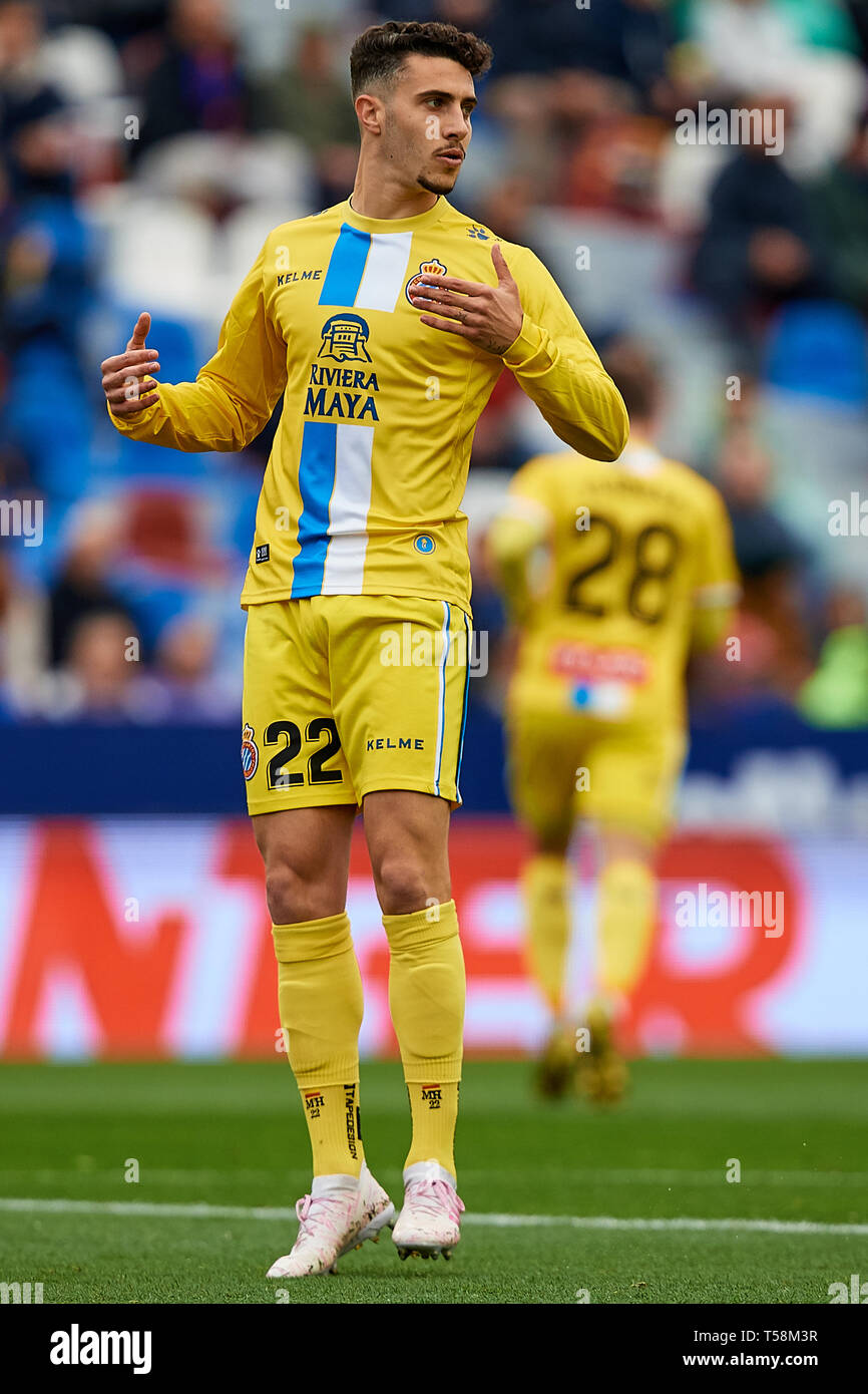 VALENCIA, Spanien - 21. April: Mario Hermoso der RCD Espanyol reagiert während des La Liga Match zwischen Levante UD und RCD Espanyol im Ciutat de Valencia am 21. April 2019 in Valencia, Spanien. (Foto von David Aliaga/MB Medien) Stockfoto