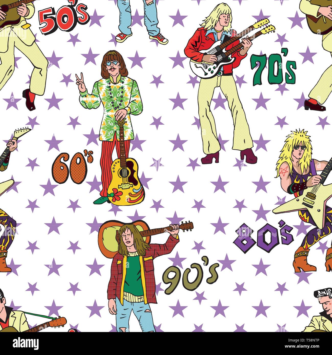 Rock Stars nahtlose Muster. Beliebte 20. Jahrhundert rock Musikrichtungen: 50s Rock'n'Roll, 60er Hippie, 70s Progressive Rock, 80s Glam Metal, 90s grunge Stock Vektor