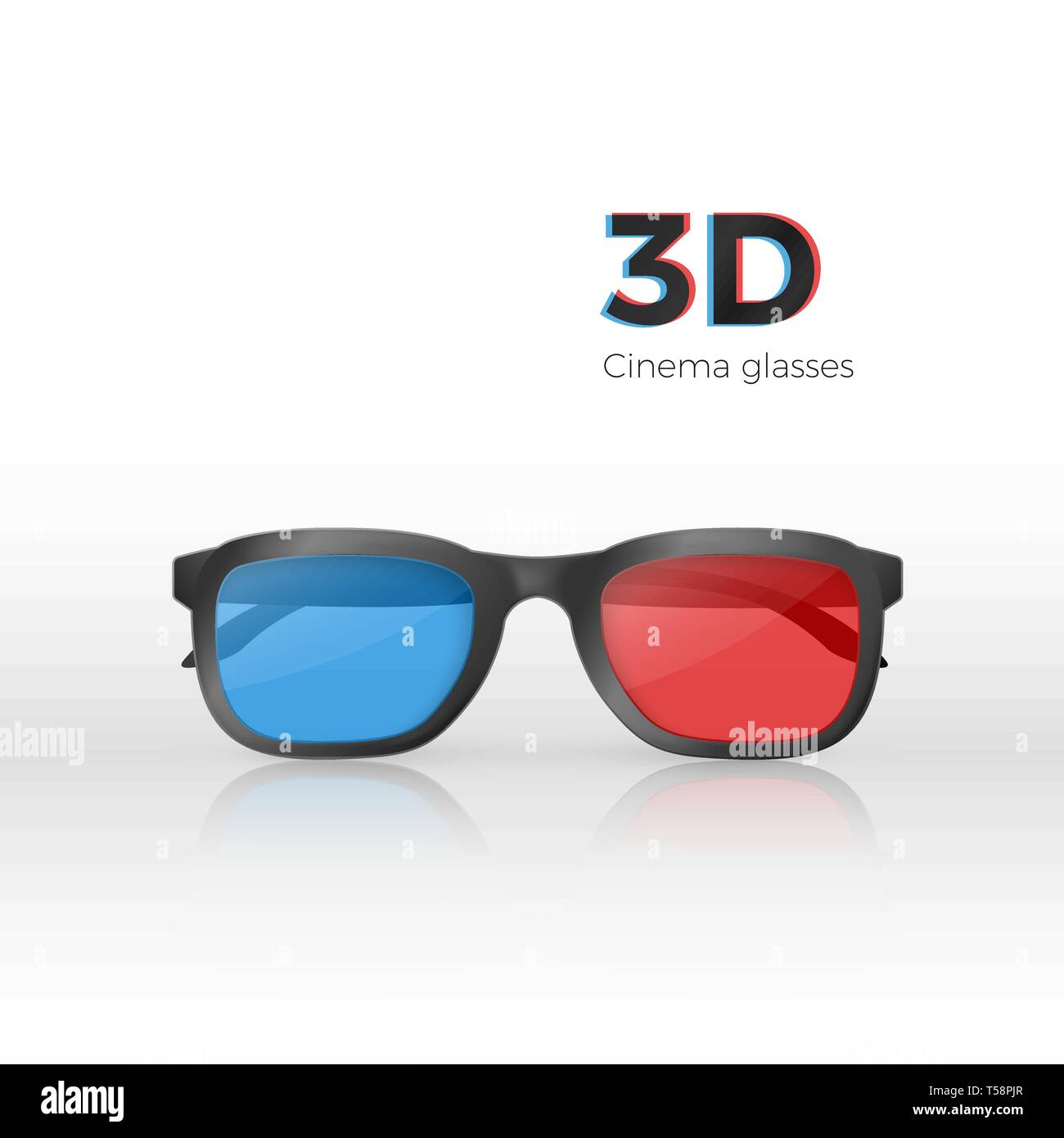 Realistische 3D-Kino Gläser Vorderansicht. Kunststoff Brille mit roten und blauen Glas für die Wiedergabe von Filmen. Vector Illustration Stock Vektor