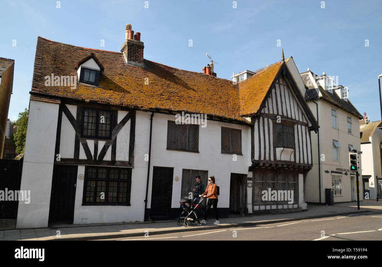 Tudor Gebäude in der Altstadt von Hastings, East Sussex, Großbritannien Stockfoto