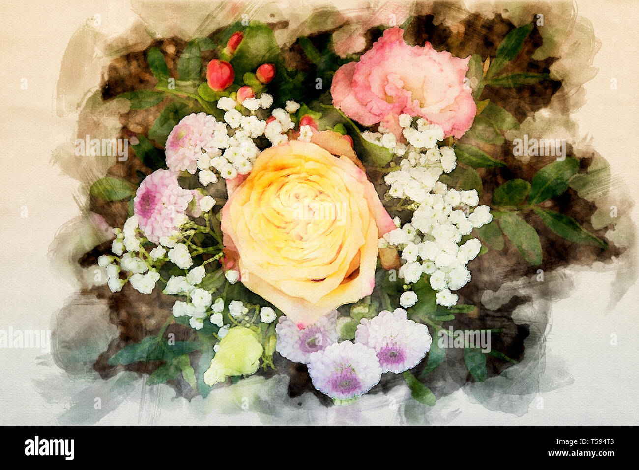 Blumenstrauß mit gelben Rose in Aquarell Stockfoto