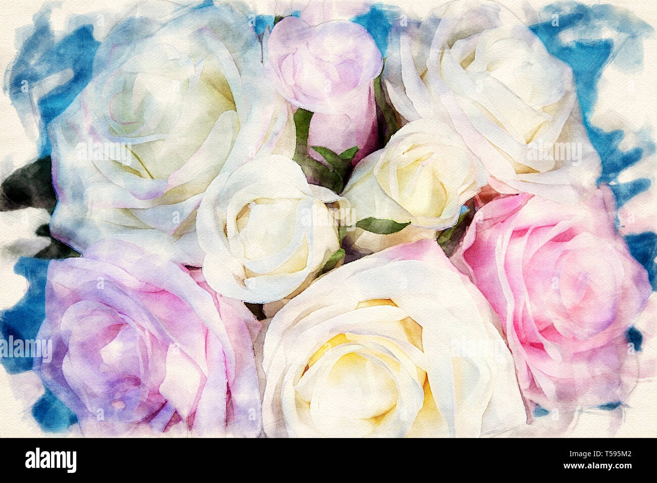 Nahaufnahme der Blumenstrauß aus Rosen auf blauem Hintergrund in Aquarell Stockfoto
