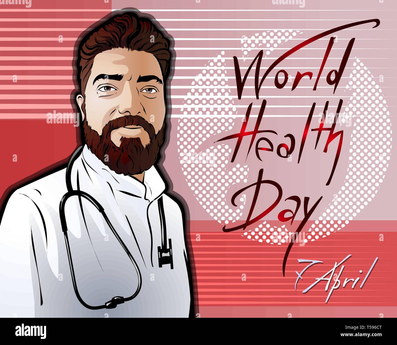Vector Illustration zu den Weltgesundheitstag eingeweiht am 7. April. Ein lächelnder Mann mittleren Alters in einem weißen Mantel mit einem Stethoskop. Schöne handwritte Stock Vektor