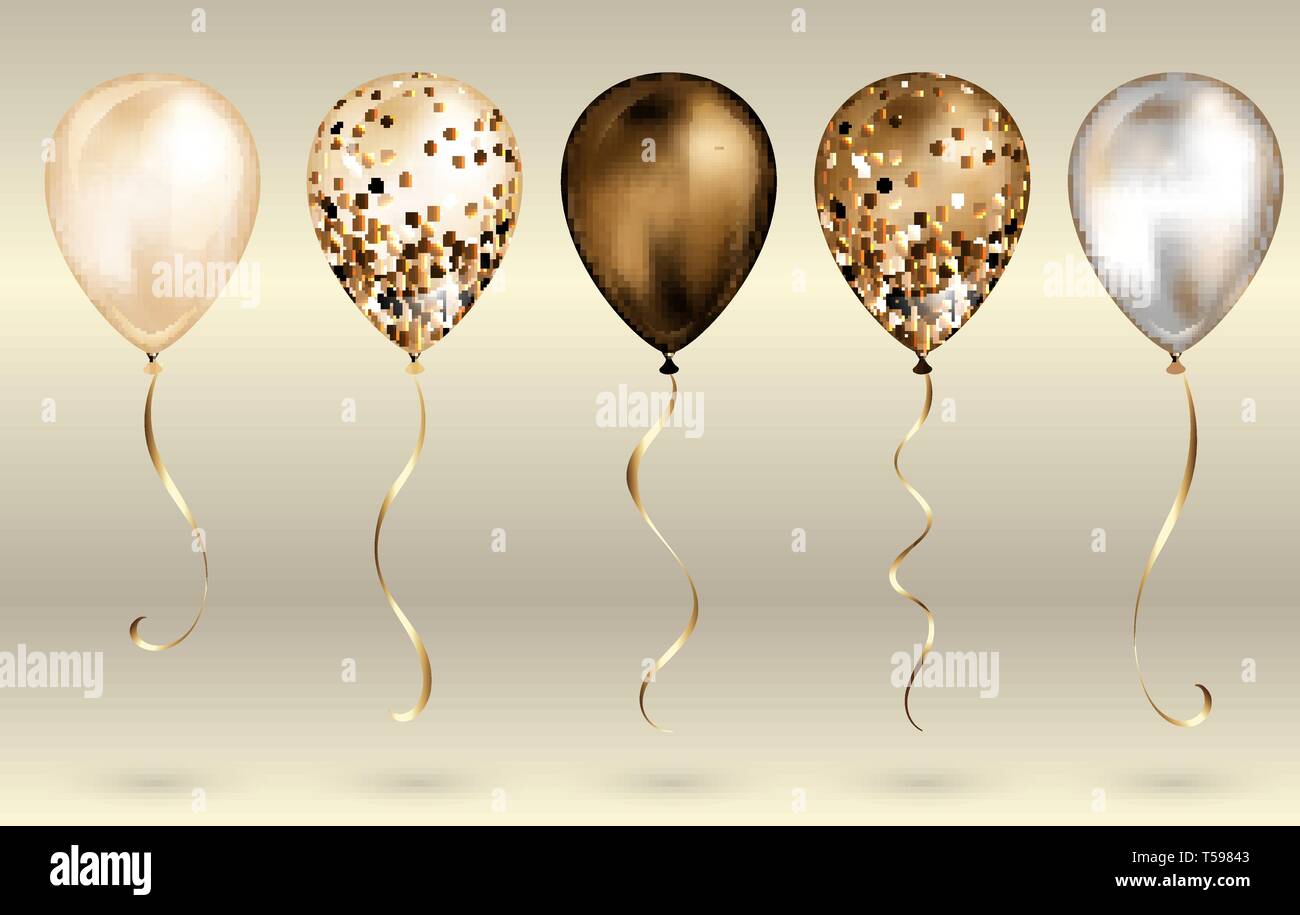 Set mit 5 glänzenden Bronze und gold realistische 3D-Helium Luftballons für  Ihre Konstruktion. Glänzende Luftballons mit Glitter und Gold Ribbon,  perfekte Dekoration für birt Stock-Vektorgrafik - Alamy