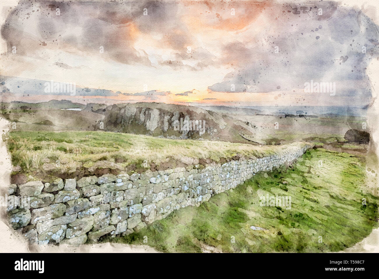 Aquarell von einem Foto von Hadrian's Wall auf der Suche nach Westen Richtung Steel Rigg, Cumbria, England, Großbritannien Stockfoto