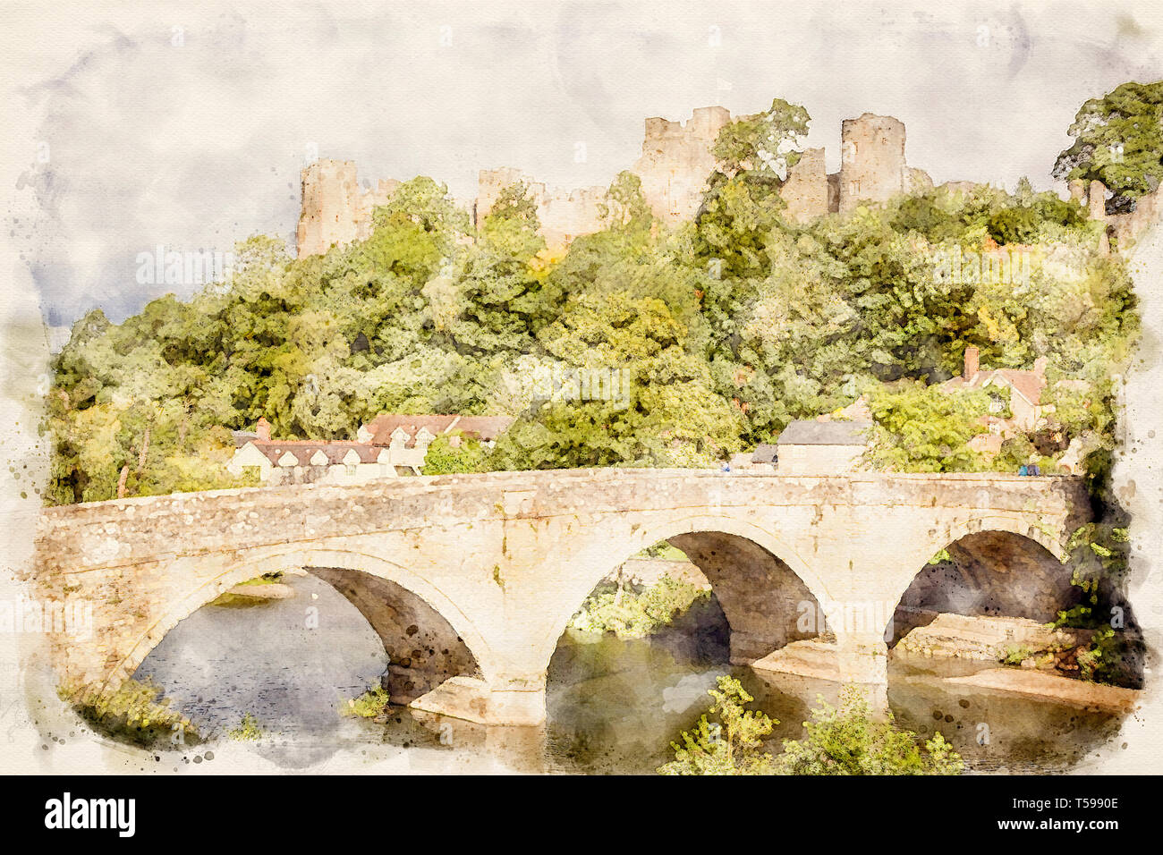 Aquarell von einem Foto von dinham Brücke und Ludlow Castle, Ludlow, Shropshire, England, Großbritannien Stockfoto