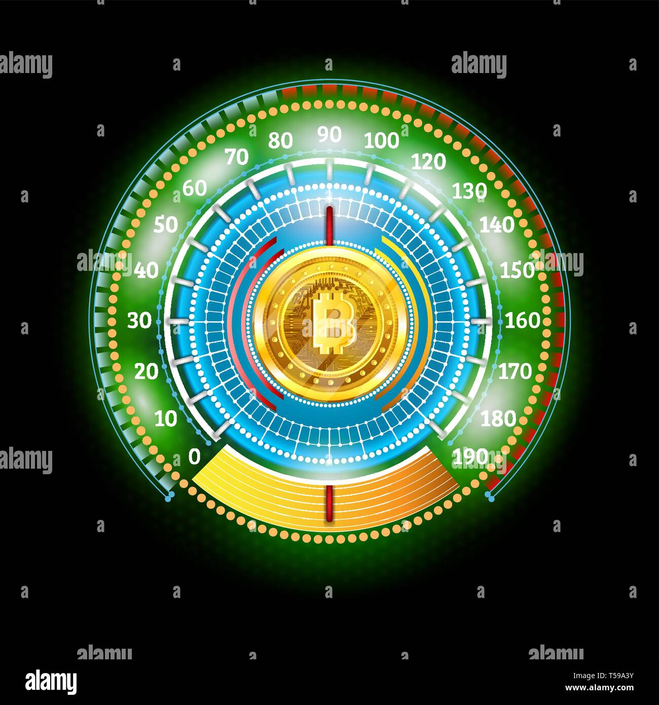 Bit Münze runde abstrakte glänzend Tachometer mit Pfeilen und Indikatoren Stock Vektor
