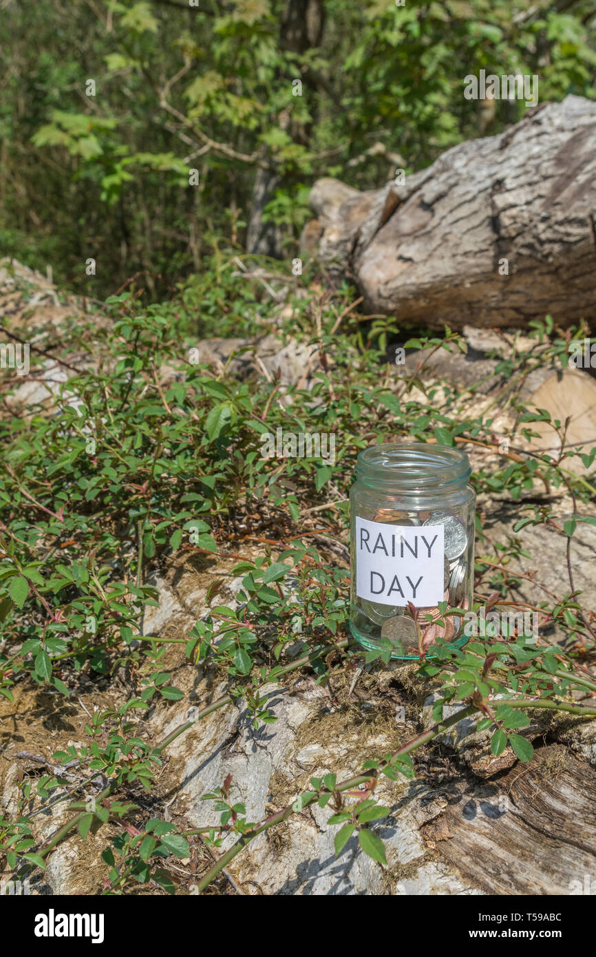 Geld jar/regnerischen Tag Einsparungen jar im Freien bei Sonnenschein. Metapher persönlichen Ersparnissen, Geld sparen, Vorsorge, Altersvorsorge, Speichern pot Stockfoto